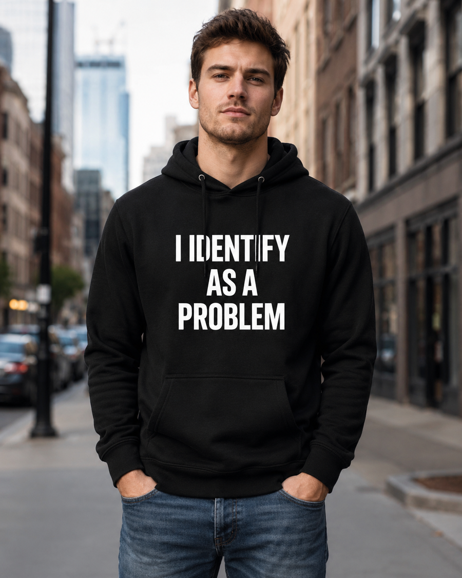 A man standing on a city street wearing a black pullover hoodie with bold white text on the front that reads 'I IDENTIFY AS A PROBLEM', paired with blue jeans.