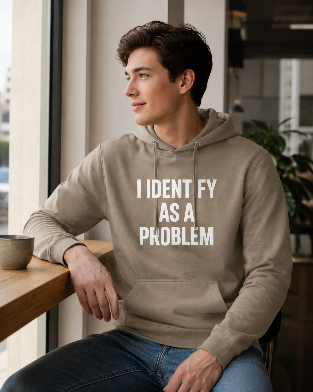 A man sitting indoors by a window wearing an olive green hoodie with the text 'I IDENTIFY AS A PROBLEM' printed in white across the chest, paired with blue jeans.