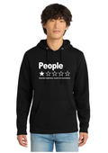 A man wearing a black pullover hoodie with a white graphic print that reads 'People' above a one-star review with the text 'Absolute nightmare, would not recommend.' He is also wearing light blue jeans against a plain white background.
