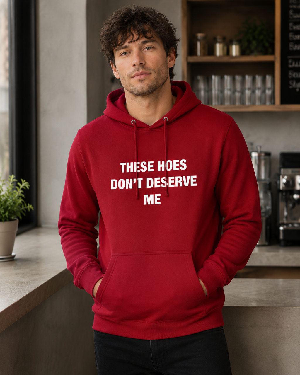 A man wearing a red pullover hoodie with the white text 'THESE HOES DON'T DESERVE ME' printed on the chest, standing in a modern kitchen environment.