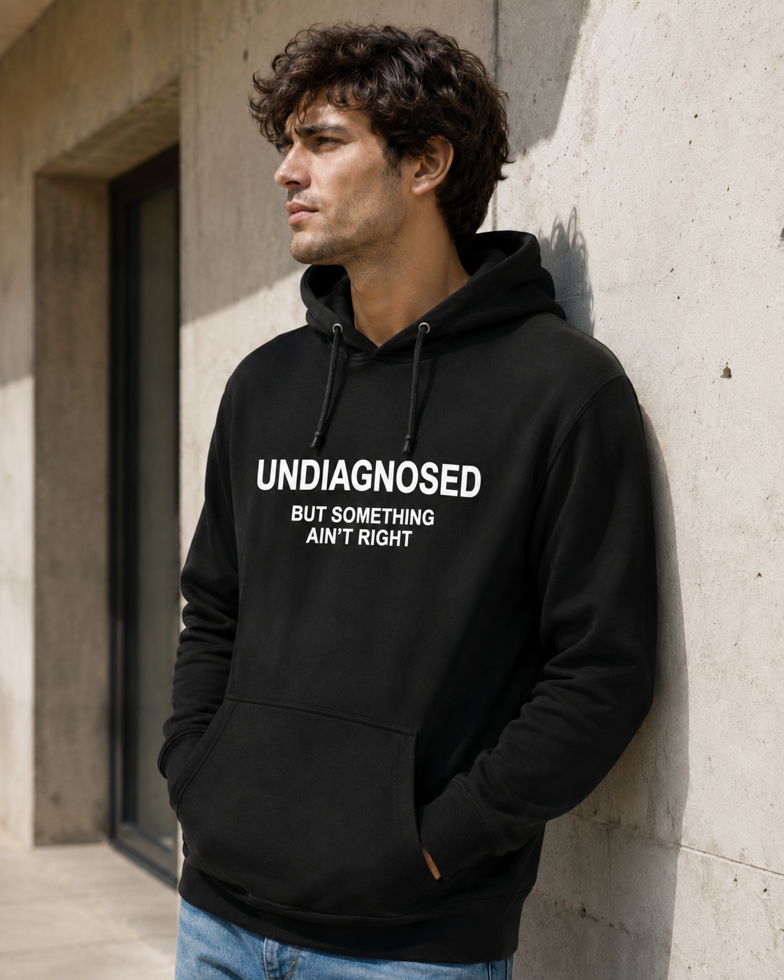 A man wearing a black pullover hoodie with the white printed text 'UNDIAGNOSED BUT SOMETHING AIN'T RIGHT' leans against a concrete wall.