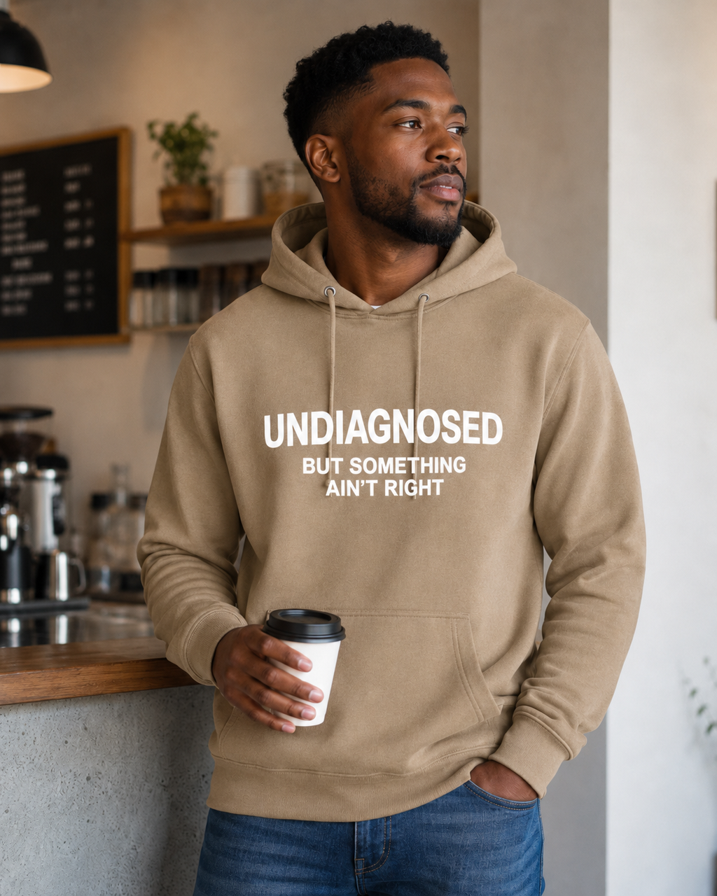 A man wearing an olive green hoodie with the text 'UNDIAGNOSED BUT SOMETHING AIN'T RIGHT' in white, holding a takeaway coffee cup in a cafe setting.