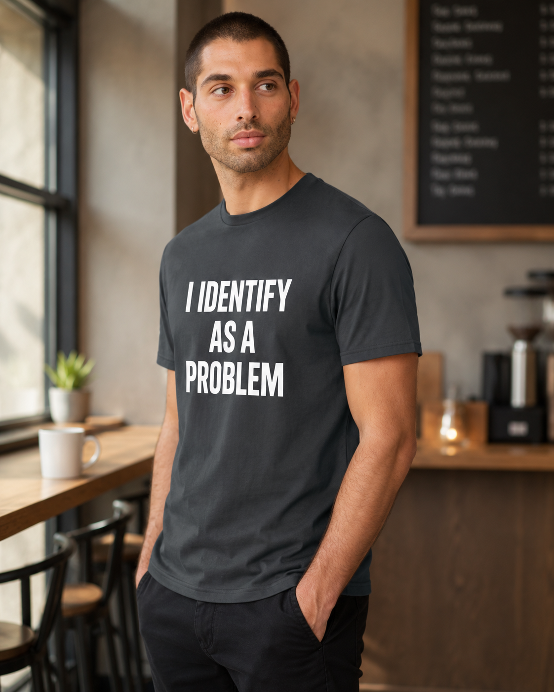 A man wearing a dark gray crewneck t-shirt with the text 'I IDENTIFY AS A PROBLEM' printed in bold white capital letters, standing in a cafe setting.