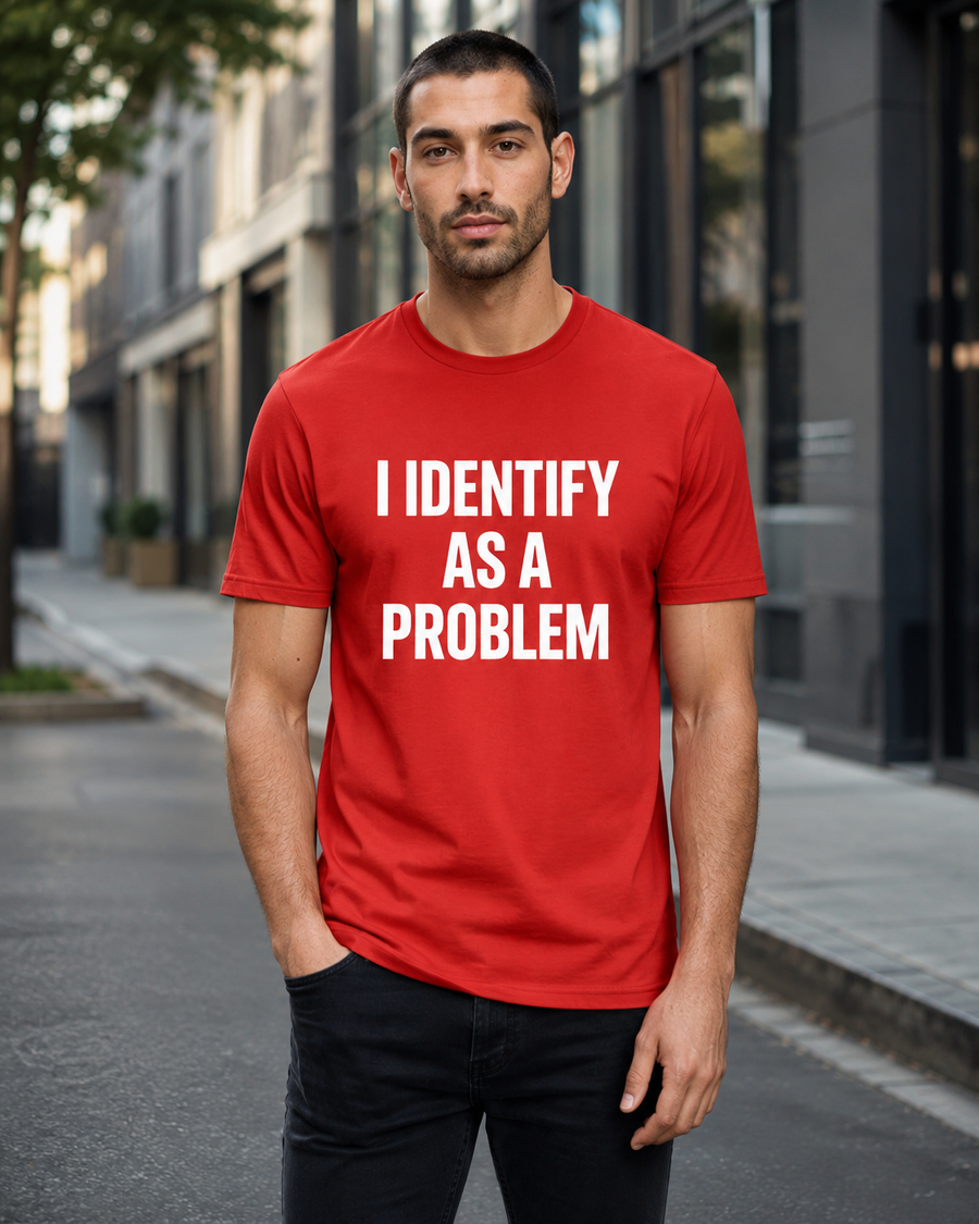 A man wearing a bright red crewneck t-shirt with the text 'I IDENTIFY AS A PROBLEM' printed in bold white capital letters, standing on an urban street.