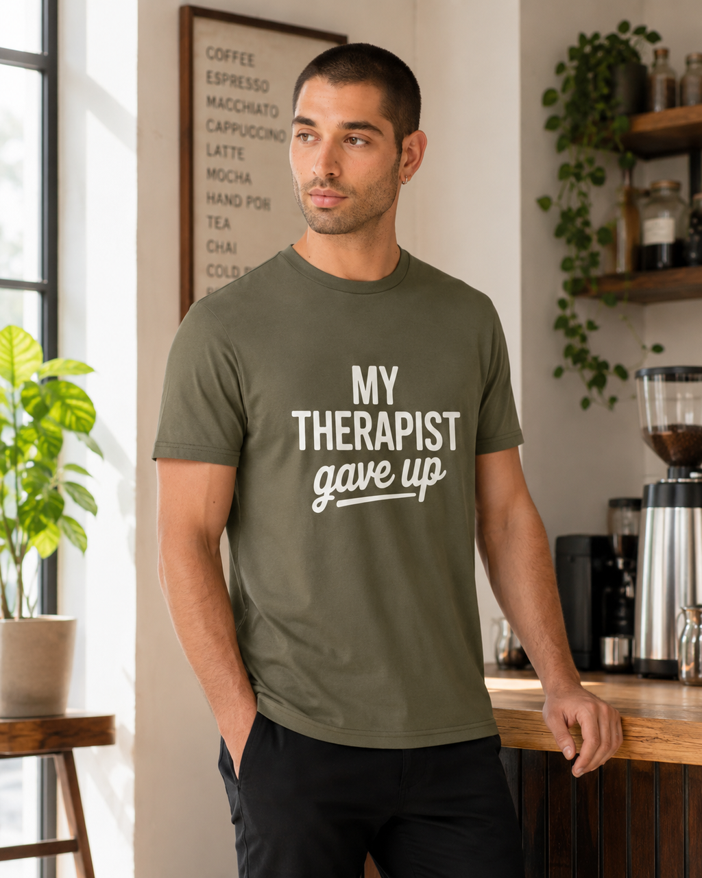 A man wearing an olive green t-shirt with the white printed text 'MY THERAPIST gave up' stands in a modern kitchen or cafe setting.