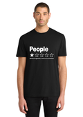 A man wearing a black short-sleeve crewneck t-shirt with a white graphic print that reads 'People' above a one-star rating graphic and the text 'Absolute nightmare, would not recommend.' on a solid white background.