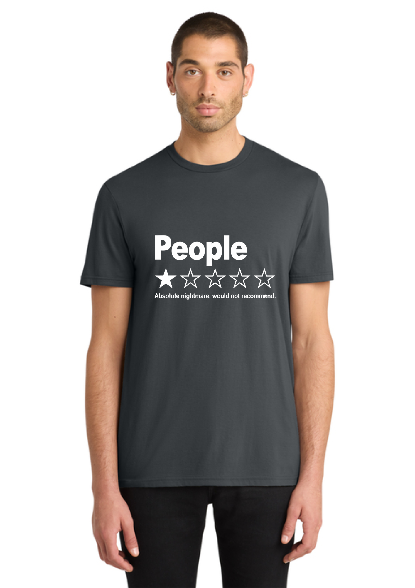 A man wearing a dark gray crewneck t-shirt with a white graphic print that reads 'People' above a one-star rating graphic, on a solid white background.