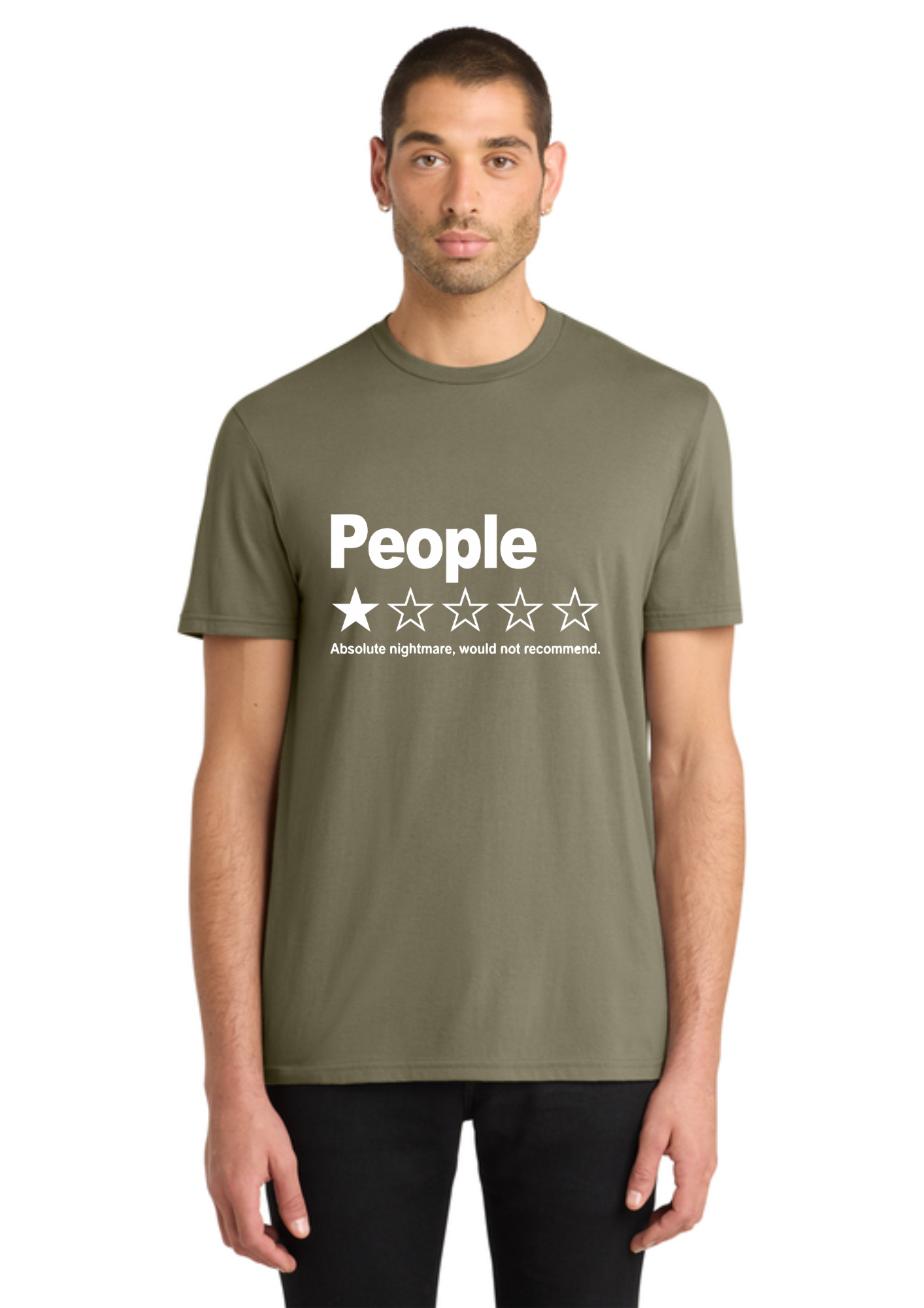 A man wearing an olive green t-shirt with a white graphic that reads 'People' and a one-star rating, standing against a plain white background.