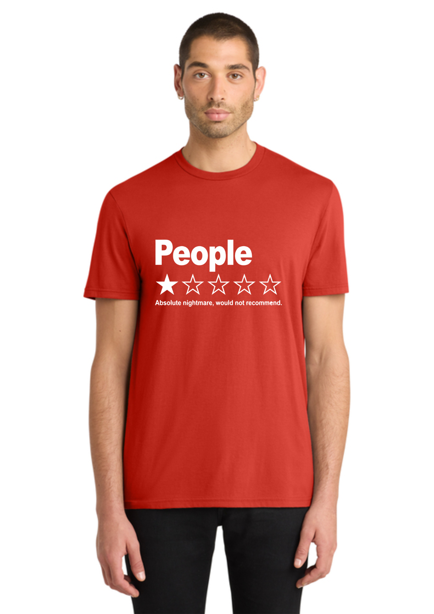A man wearing a red crewneck t-shirt with a white graphic print that reads 'People' above a one-star rating graphic, paired with black pants, against a plain white background.