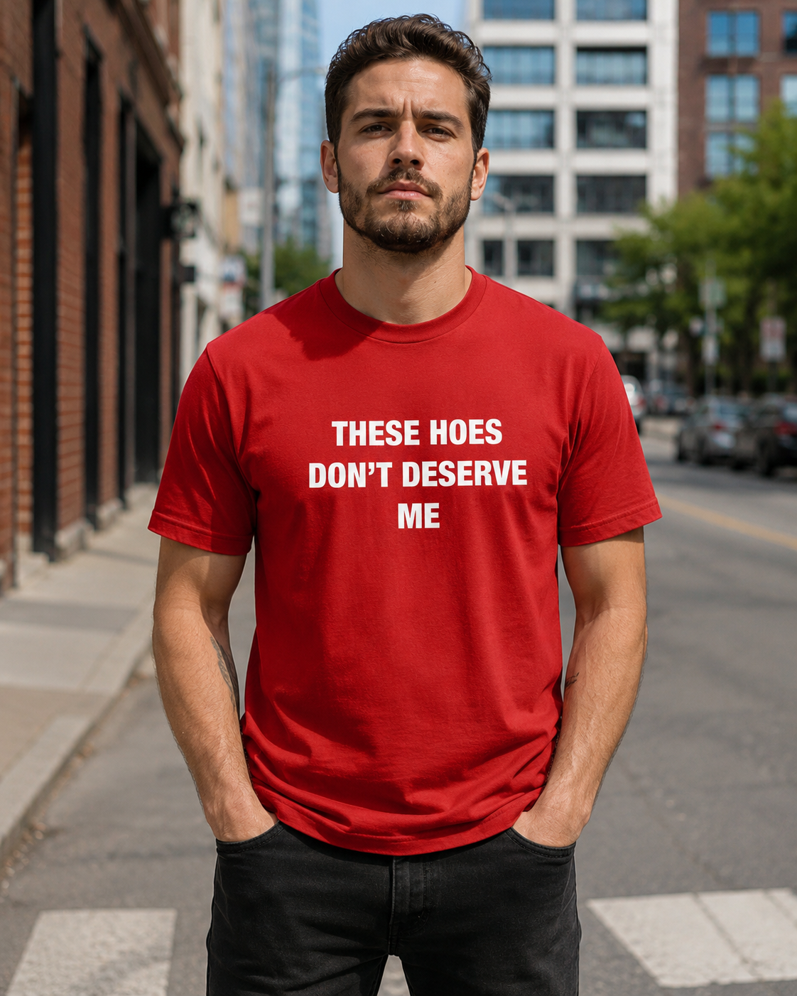 A man wearing a red crewneck t-shirt with the white printed text 'THESE HOES DON'T DESERVE ME' stands on a city street.
