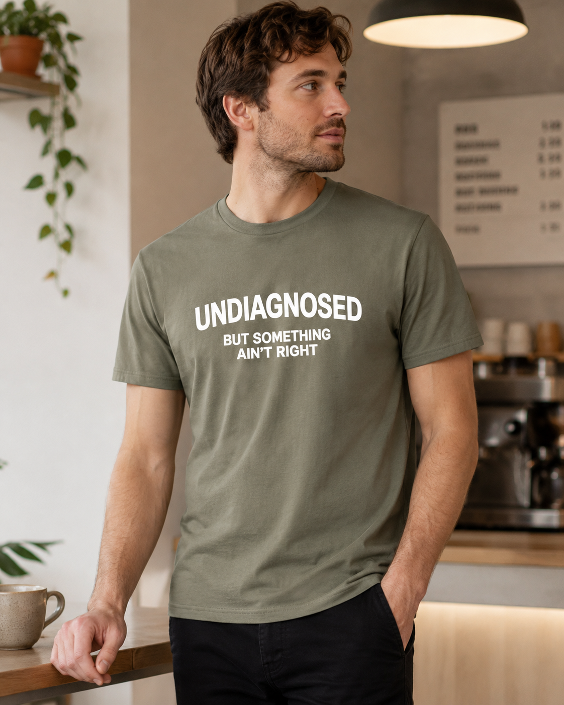 A man wearing an olive green t-shirt with the white printed text 'UNDIAGNOSED BUT SOMETHING AIN'T RIGHT', standing in a cafe setting.
