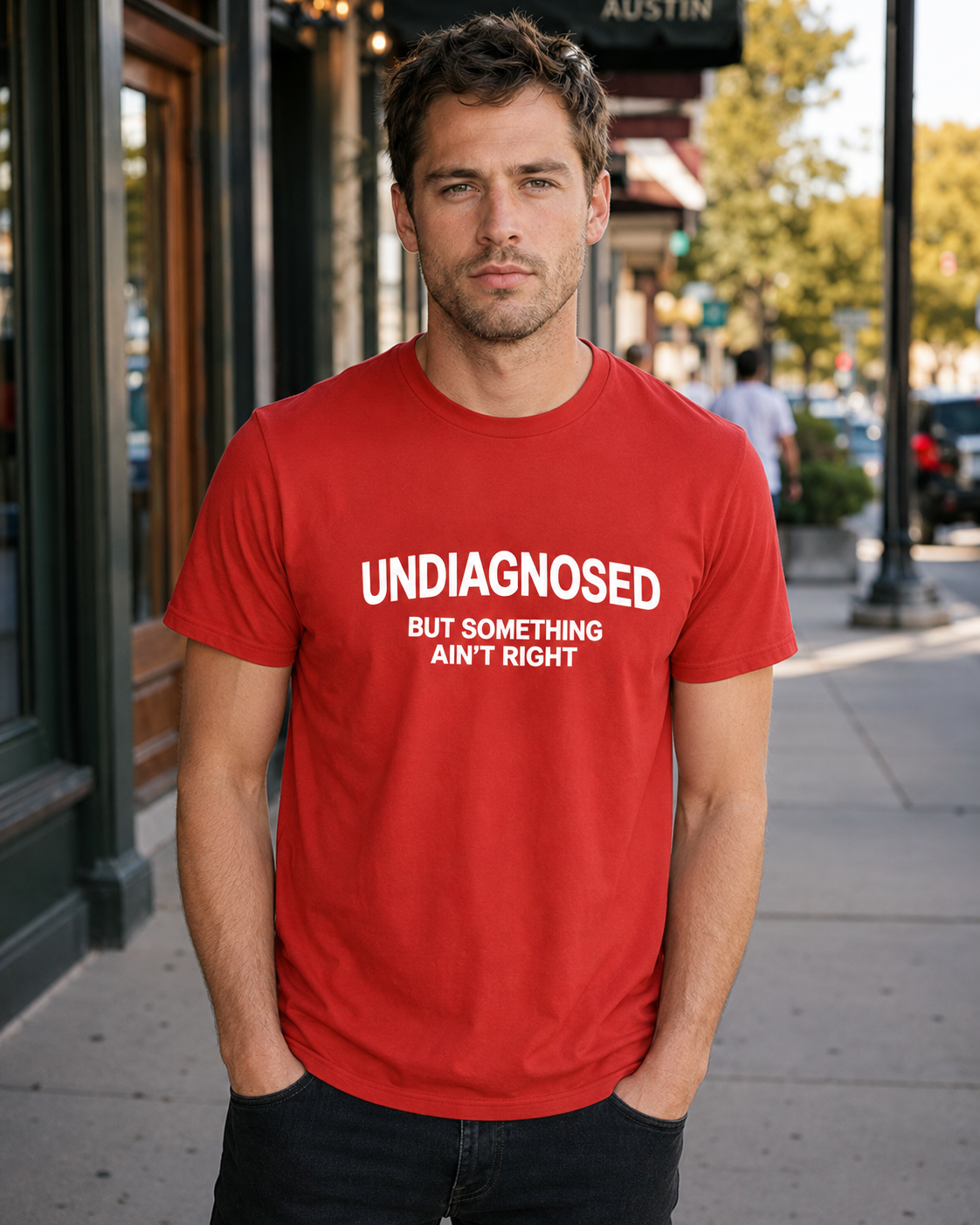 A man wearing a red crewneck t-shirt with white text that reads 'UNDIAGNOSED BUT SOMETHING AIN'T RIGHT' standing on a city sidewalk.